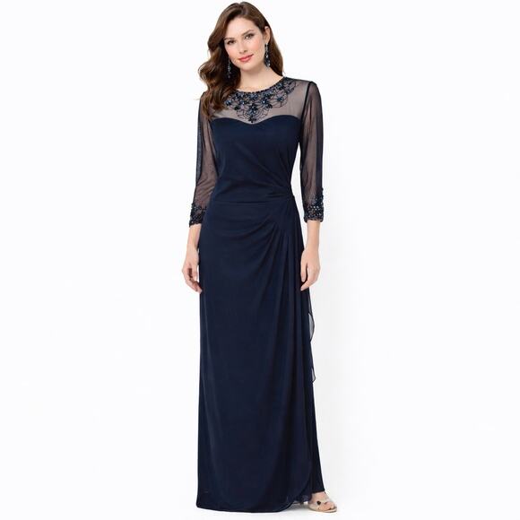 Patra Dresses & Skirts - Patra Size 10 Illusion Jeweled Neck Draped Gown Dress Navy Blue Wedding Cocktail